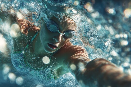 Underwater Pursuit: A determined swimmer, eyes focused and arms extended, gracefully cuts through the water, captured in a dynamic close-up that embodies both power and serenity. 