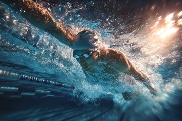 Underwater Swimmer: A powerful swimmer glides effortlessly through the water, captured in a dynamic underwater shot, showcasing athletic prowess and the beauty of movement.