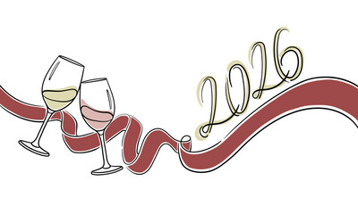 Continuous line champagne cheers one line art, continuous drawing contour. Hands toasting with wine glasses with drinks. New Year cheers toast festive decoration for holidays. Vector illustration