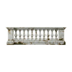 Ancient white marble balustrade with ornate spindles and weathered, dirty texture isolated on transparent background