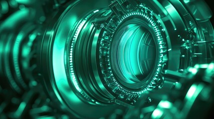 Futuristic engine core glowing green, technology concept