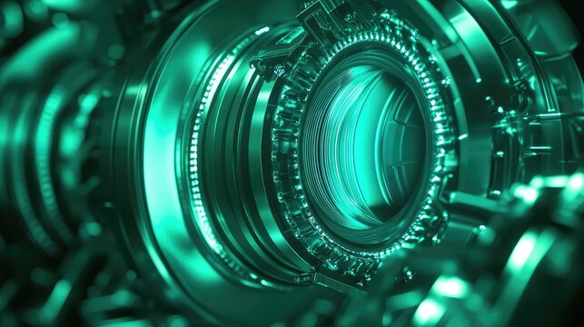 Futuristic engine core glowing green, technology concept