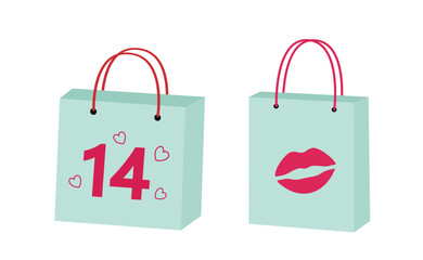 Set of Valentine shopping paper bag flat vector illustration.
Number 14 and the red lip pattern gift bag clipart.
White background.