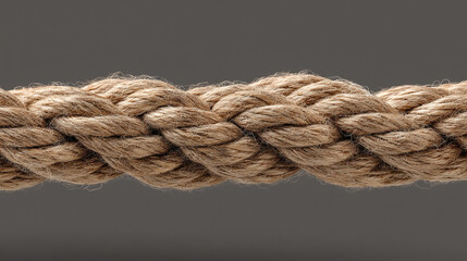 A close up view of a thick braided rope against a plain gray background in a horizontal orientation