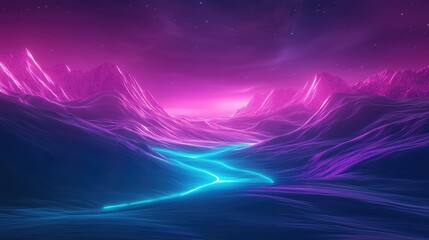Fototapeta premium Neon glowing river flowing through futuristic purple mountains