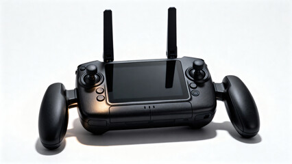 Black professional drone remote controller with dual antennas and built-in screen isolated on white background, modern FPV drone transmitter, gaming-style joystick design, aerial photography equipment