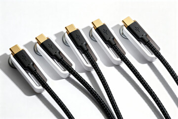 Premium Black Braided USB-C to USB-C Cables with Gold-Plated Connectors &ndash; Fast Charging PD 100W Durable Nylon Type-C Cable Set on Clean White Background Stock Photo