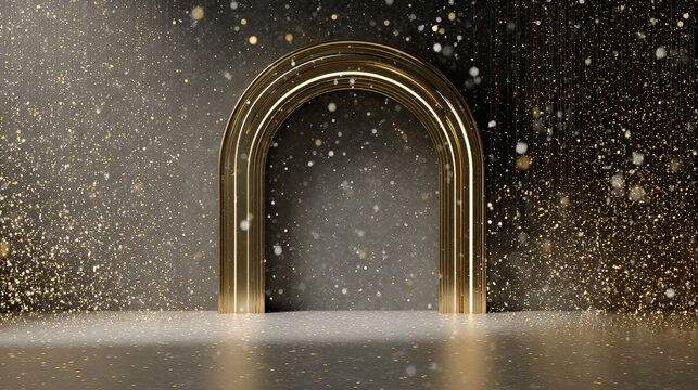 Gold arch stands amidst falling sparkles, a glamorous stage for product presentation or luxury branding.