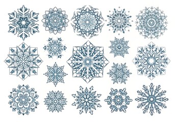 Set of unique blue snowflakes with a hand-drawn style for winter themes.