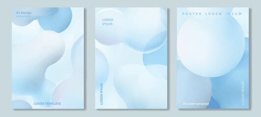 Blue liquid blobs set. Abstract colored spheres in flight or liquid glass. Organic liquid shapes flying. Cover template for banner, brochure ads Vector 3d illustration