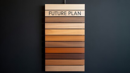 A wooden plank display with the words FUTUREPLAN and multiple wood tone samples against a dark wall