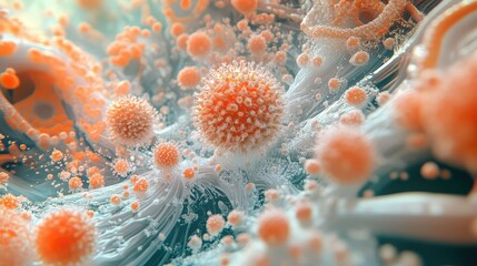 Virus particles infecting human cells under microscope