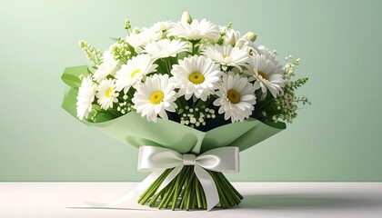 Close-up of a bouquet of daisies, wrapped with green paper and ribbon