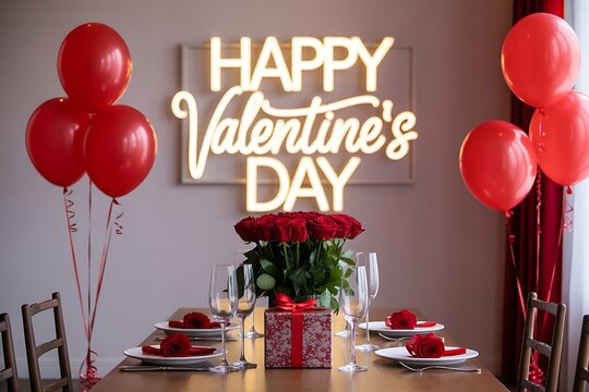 Romantic Valentine's Day dinner with red roses, balloons, and gifts for a loving couple celebrating their anniversary at home
