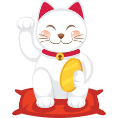 White Maneki Neko Cat With Red Collar And Gold Coin Waving Paw And Sitting On Red Cushion In Studio Lighting