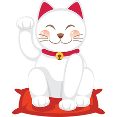 White Maneki Neko Lucky Cat Beckoning With Paw Raised Wearing Red Collar With Gold Bell Sitting On Red Cushion With Transparent Background