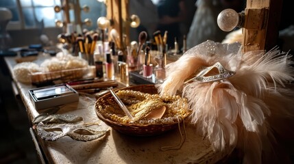 A backstage carnival setup awaits, with colorful costumes and masks arranged artfully on smooth surfaces bathed in warm, diffused light, exuding calm anticipation for the big show. 
