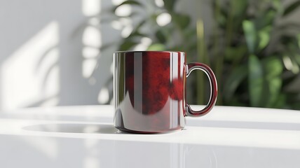 Dark red glossy mug with handle sitting on a white surface with dappled sunlight and greenery image photo