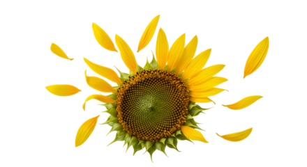 Sunflower with petals falling isolated on a white background, symbolizing growth and renewal