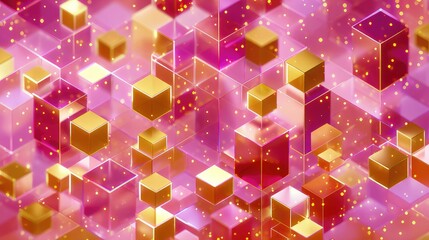 Abstract geometric cubic background with pink glass and gold elements
