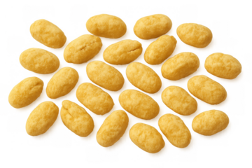 Puffed corn snack pieces falling, a crispy sweet breakfast cereal or savory food scattered on transparent background