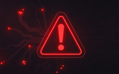 Urgent red alert warning over network security threat with exclamation point on circuit board, perfect for cybersecurity solutions and danger notifications