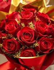 Close-up of a bouquet of vibrant red roses, wrapped elegantly