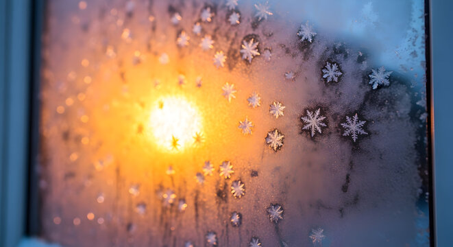 Frosted window pane with delicate star-shaped ice crystals and warm sunlight shining through. - Powered by Adobe