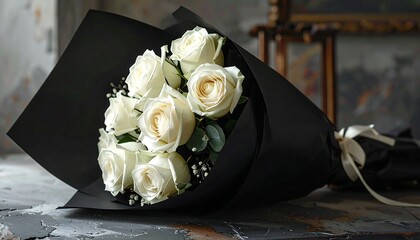 Close-up of a bouquet of white roses wrapped in black paper