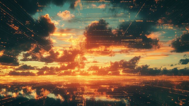 Digital data flowing across sunset sky and clouds