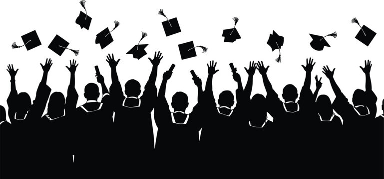 Graduation silhouette, cap toss, academic celebration, student group, black and white vector, success moment, graduate crowd, festive illustration