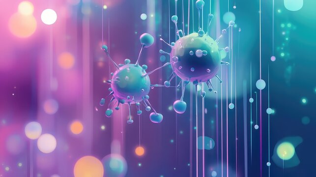 Microscopic virus cells floating in colorful digital background