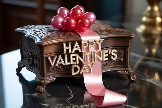 Elegant Happy Valentine's Day present with pink ribbon and balloons for romantic gestures and love celebrations, perfect for heartfelt greetings