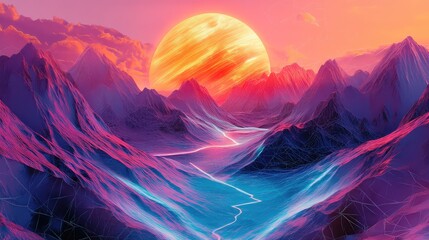 Synthwave mountains landscape with neon light river and orbiting digital sun