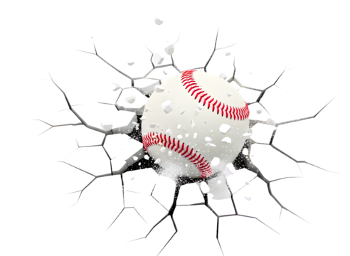 Baseball breaking through a cracked white surface isolated on transparent background