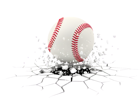Baseball breaking through a white surface isolated on transparent background