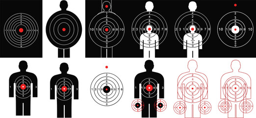 Shooting targets, bullseye silhouettes, firearm practice, scoring zones, human outline, red center, marksmanship design, training vector set