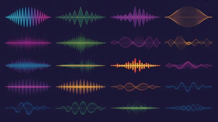 Vibrant sound waves graphic collection for audio engineering, music production, and technology visualizations with modern colorful waveforms on dark background