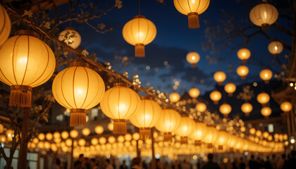 Soft golden lanterns illuminate the night during a Festival of Lights celebration, filling the scene with gentle warmth and a serene festive feeling.