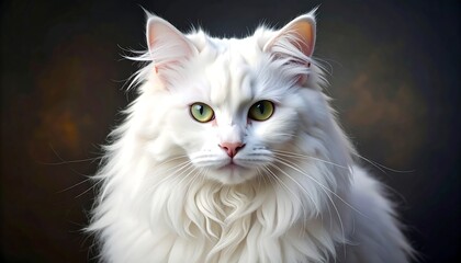 Close-up of a fluffy white feline with vibrant green eyes
