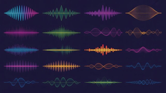 Vibrant sound waves graphic collection for audio engineering, music production, and technology visualizations with modern colorful waveforms on dark background - Powered by Adobe