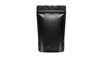 A blank matte black stand up pouch with a resealable zipper closure isolated on transparent background