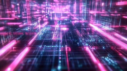 Digital network processing data with neon glowing lines