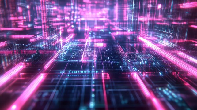 Digital network processing data with neon glowing lines - Powered by Adobe