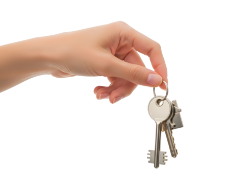 Hand holding a set of keys isolated on transparent background