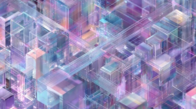 Abstract city data network interconnecting glass cubes