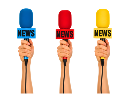 Three microphones with news labels isolated on transparent background