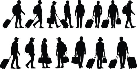 Traveler silhouettes, luggage poses, walking and standing, black vector, airport scene, travel icons, journey illustration, suitcase movement
