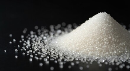 Close-up of granulated sugar pile on dark surface