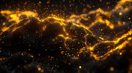 Party celebration shot with shimmering confetti under glowing golden light over black surface